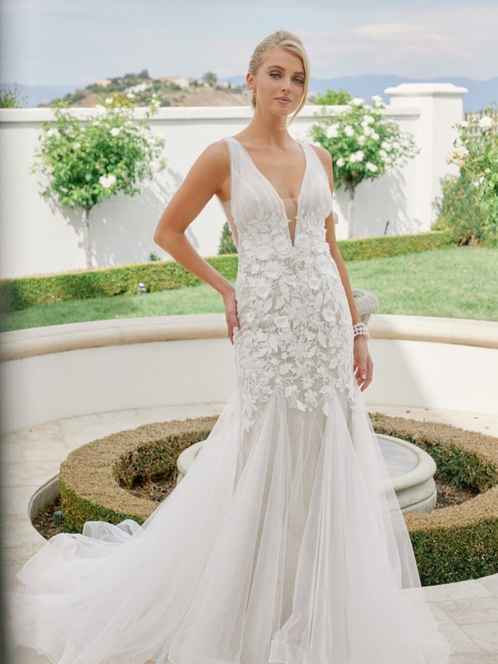 New White & Nude Sleeveless Floral Wedding Gown w/ Plunging Neckline  NX JE917